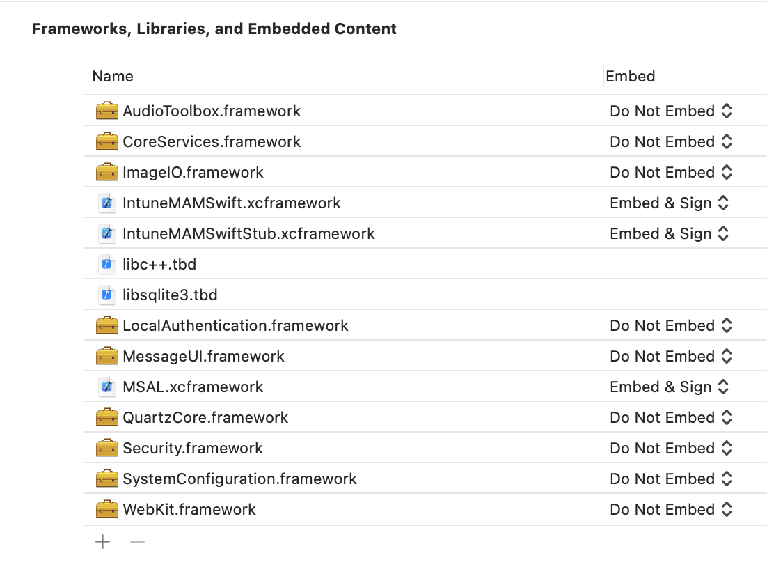 Zestaw SDK aplikacji usługi Intune dla systemu iOS Framework: przykład Xcode Frameworks, Libraries i Embedded Content
