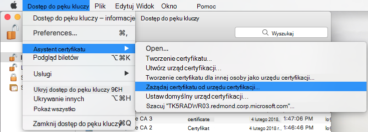 Żądanie certyfikatu od urzędu certyfikacji w programie Keychain Access