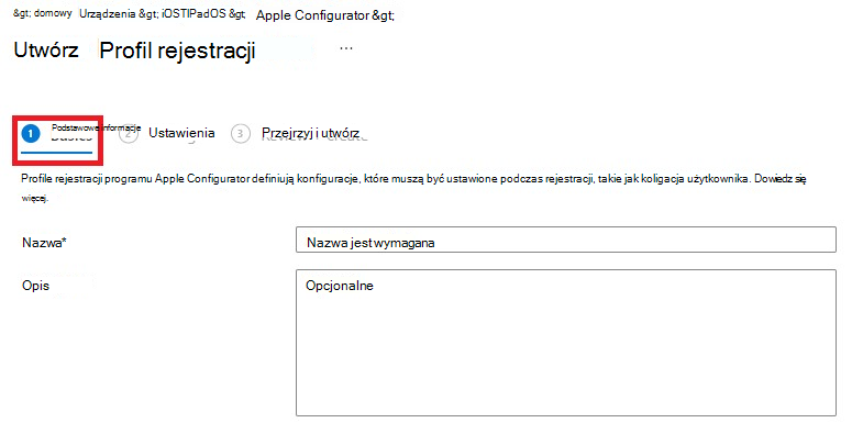 Zrzut ekranu przedstawiający okienko tworzenie profilu rejestracji z wybraną kartą Podstawy.