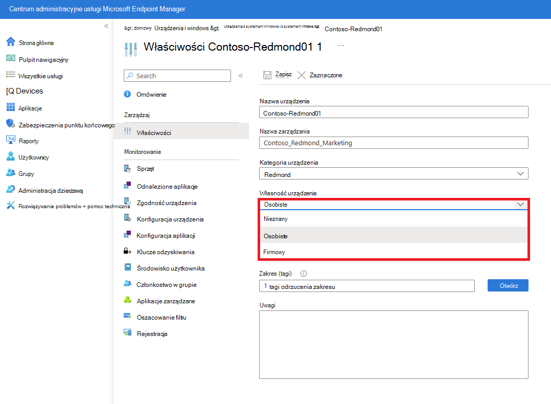 Zrzut ekranu przedstawiający właściwości urządzenia zarządzanego z opcjami Kategoria urządzenia i Własność urządzenia.