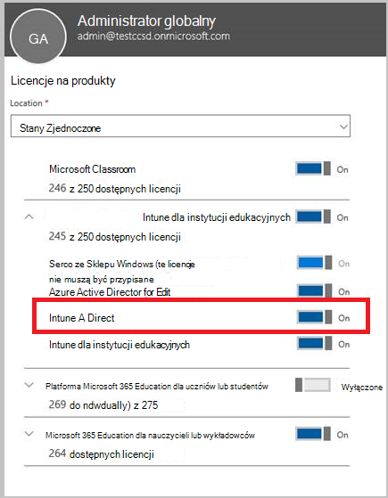 Zrzut ekranu przedstawiający konfigurację licencji produktu