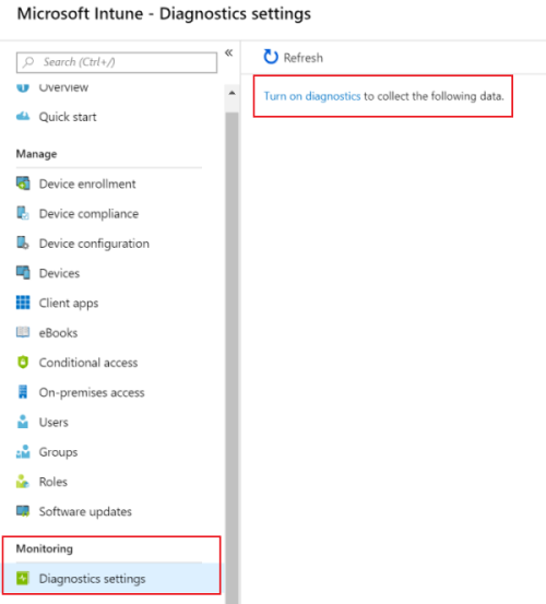 Zrzut ekranu przedstawiający sposób włączania ustawień diagnostycznych w Microsoft Intune w celu wysyłania dzienników do usługi Azure Monitor.