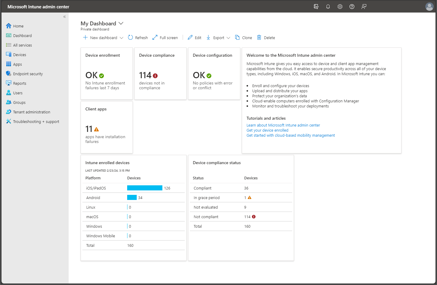 Zrzut ekranu przedstawiający centrum administracyjne Microsoft Intune — pulpit nawigacyjny.