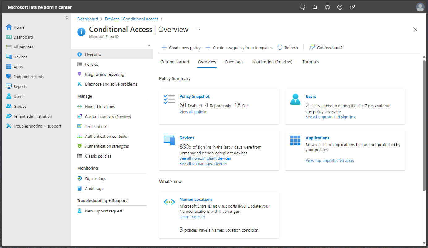 Zrzut ekranu przedstawiający centrum administracyjne Microsoft Intune — dostęp warunkowy.