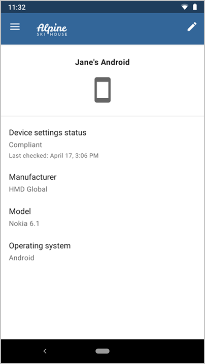 Zrzut ekranu przedstawiający aplikację Microsoft Intune z informacjami o urządzeniu dla systemu Android firmy Jane.