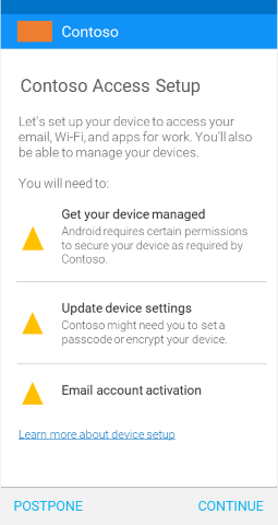 Zrzut ekranu przedstawiający Portal firmy aplikacji dla systemu Android po aktualizacji, ekran aktywacji poczty e-mail dostępu warunkowego.