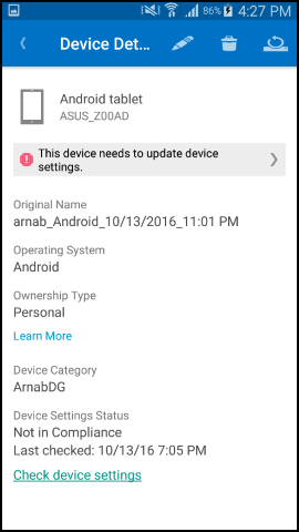 Zrzut ekranu przedstawiający tekst Portal firmy aplikacji dla systemu Android po aktualizacji, ekran Szczegóły urządzenia.