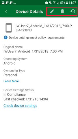 Zrzut ekranu przedstawiający zaktualizowaną aplikację Portal firmy dla systemu Android, szczegóły urządzenia z opcją aktualizacji.