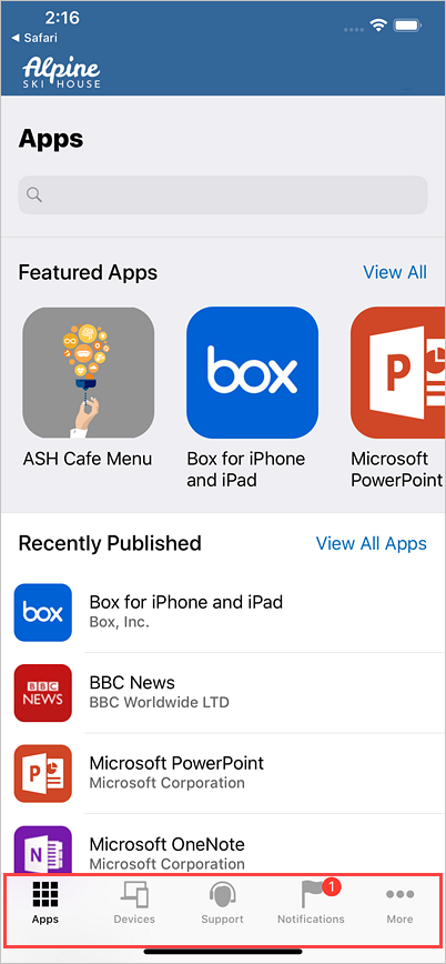 Obraz przedstawiający Portal firmy dla systemu iOS, wyróżniający poprzednie ikony.