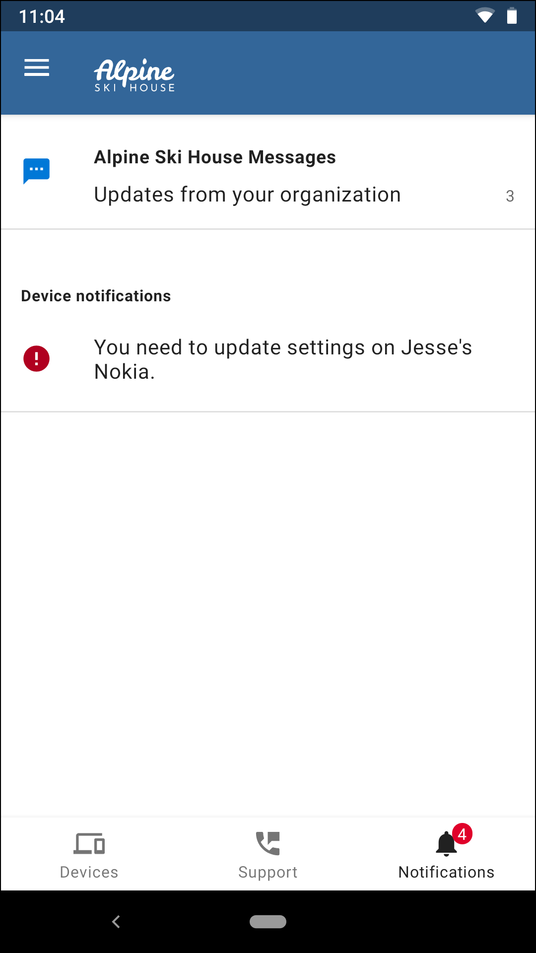 Zrzut ekranu przedstawiający aplikację Microsoft Intune dla systemu Android — powiadomienie