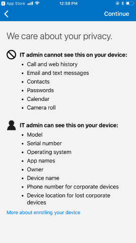 Zrzut ekranu przedstawia aplikację Portal firmy dla i O S / i Pad O S przed aktualizacją, informacje o ochronie prywatności.