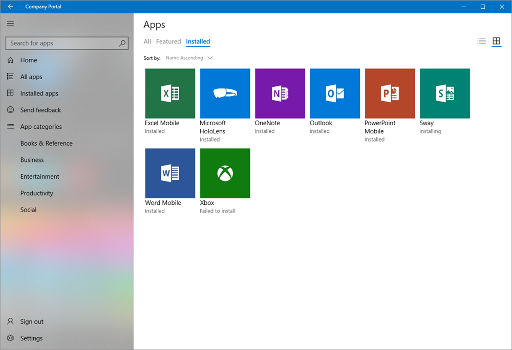 Zrzut ekranu aplikacji Intune — Portal firmy dla systemu Windows przedstawiający zainstalowane aplikacje w widoku kafelków.