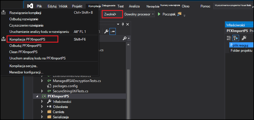 Opcja kompilacji programu Visual Studio