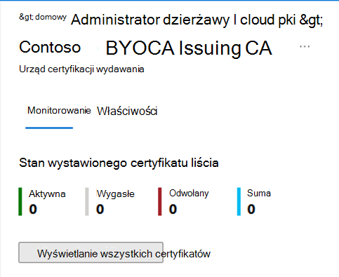 Obraz przedstawiający liczbę certyfikatów infrastruktury PKI w chmurze firmy Microsoft w centrum administracyjnym.