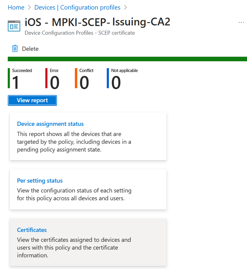 Obraz przedstawiający raport profilu certyfikatu SCEP w centrum administracyjnym.