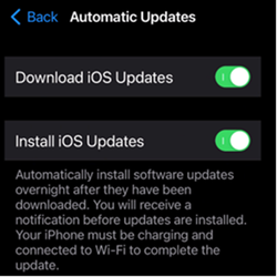 Zrzut ekranu przedstawiający ustawienia automatycznej aktualizacji na urządzeniach apple z systemem iOS/iPadOS.