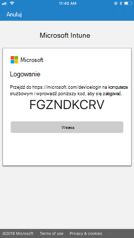 Instrukcje są dostarczane, aby przejść do https://microsoft.com/devicelogin strony, z unikatowym kodem dostępu, z komputera służbowego, a następnie użyć kodu do logowania.