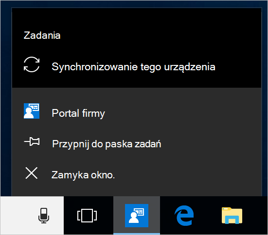 Zrzut ekranu przedstawiający pasek zadań systemu Windows na pulpicie urządzenia. Wybrano ikonę aplikacji Portal firmy i wyświetlane jest menu z opcjami 