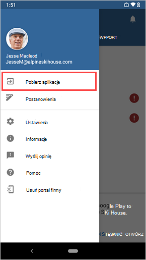 Przykładowy obraz menu Portal firmy z wyróżnionym linkiem Pobierz aplikacje.