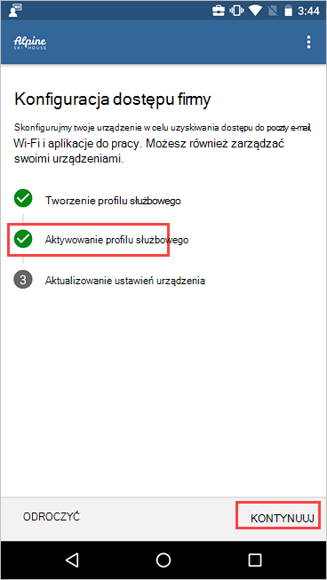 Zrzut ekranu przedstawiający konfigurację dostępu do firmy pokazującą, że profil służbowy jest aktywny.