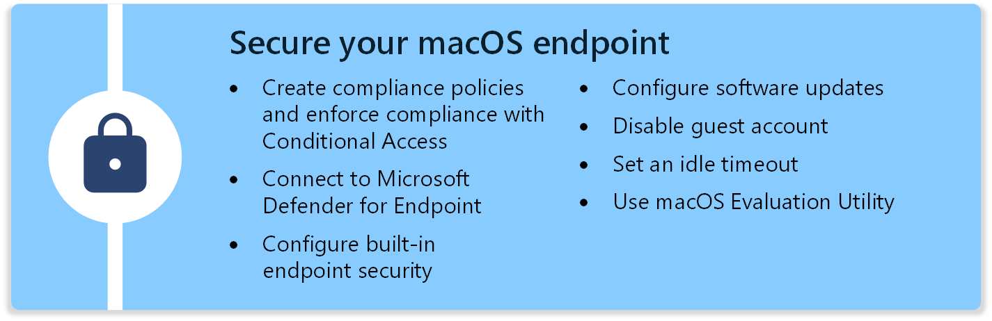 Diagram przedstawiający kroki zabezpieczania urządzeń z systemem macOS przy użyciu zasad zgodności, aktualizacji oprogramowania i innych elementów w usłudze Microsoft Intune