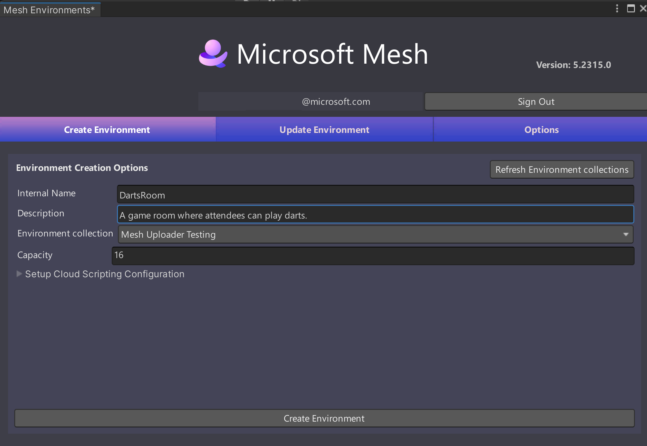 Zrzut ekranu przedstawiający okno usługi Mesh Uploader na karcie Tworzenie środowiska z informacjami dotyczącymi środowiska DartsRoom.