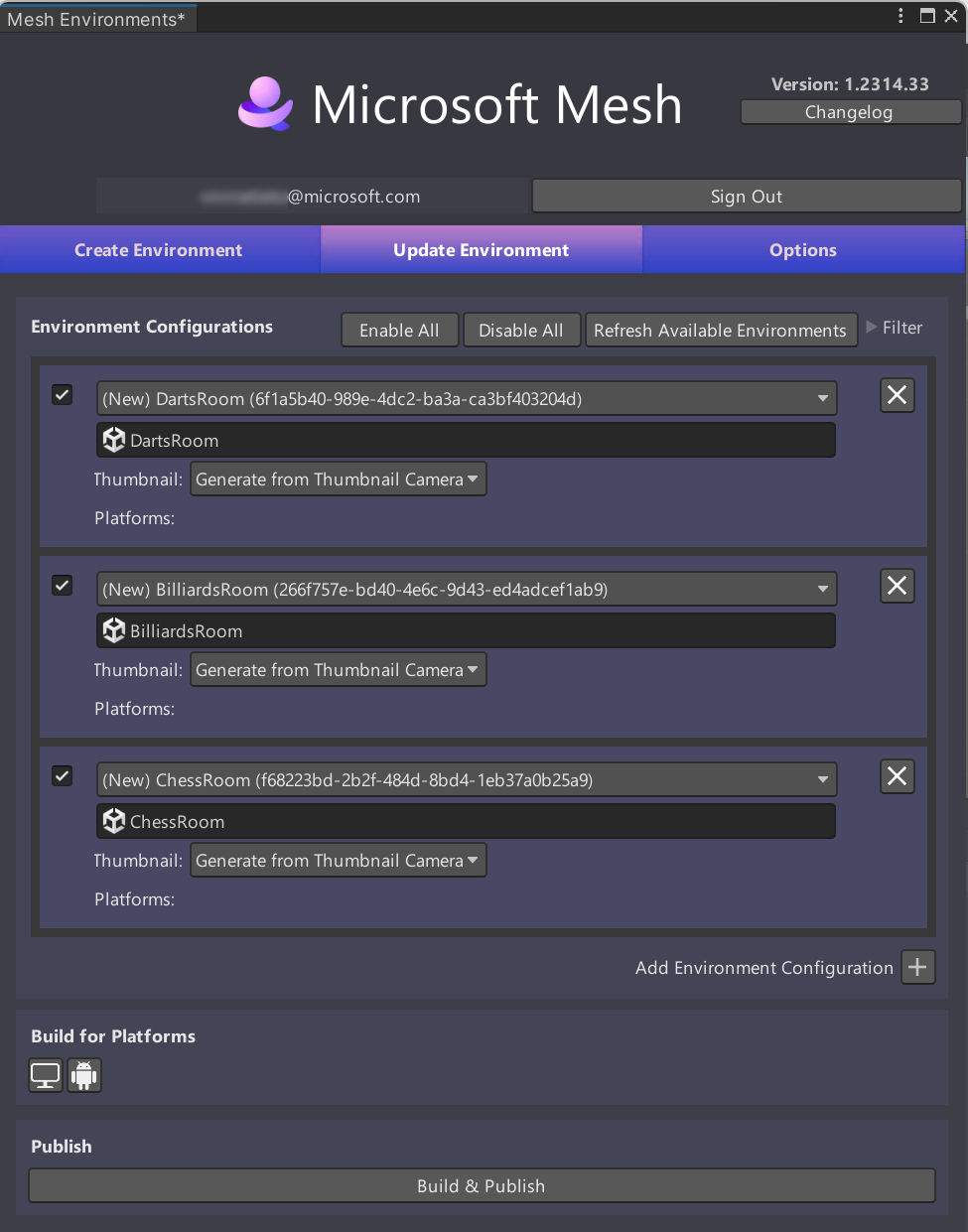 Zrzut ekranu przedstawiający okno przekazywanie usługi Mesh na karcie Tworzenie środowiska z informacjami dotyczącymi środowiska ChessRoom Environment.