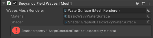 Zrzut ekranu przedstawiający opcje skryptu Buoyancy Field Waves z komunikatem o błędzie: właściwość Shader nie jest uwidoczniona przez materiał.