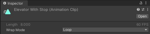 Zrzut ekranu przedstawiający ustawienia elementu zawartości Klip animacji w inspektorze.