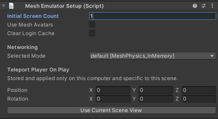 Zrzut ekranu przedstawiający konfigurację emulatora usługi Mesh Bez przekazywania prefab dodanego do hierarchii.