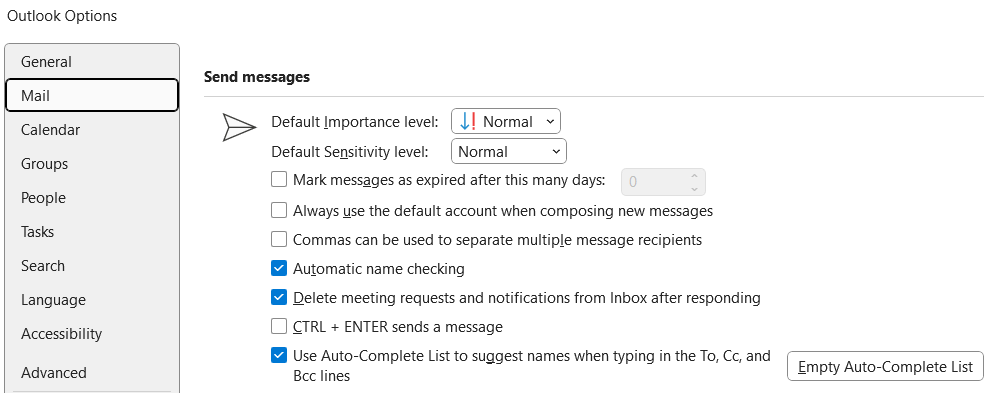 Screenshot of Send messages window, with the Use Auto-Complete List to suggest names when typing in the To, Cc, and Bcc lines option checked.