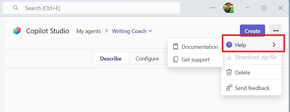 Find the support details in the Copilot Studio