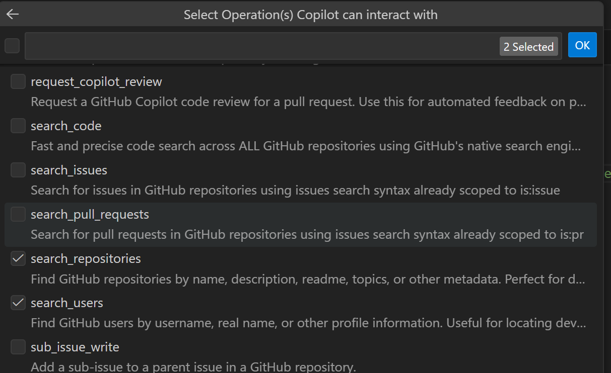 A screenshot of the tool selection interface in VS Code