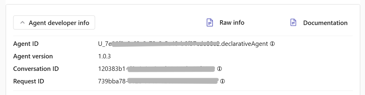 Screenshot of Microsoft 365 Copilot session where Copilot has returned a card with debugging information showing the agent metadata