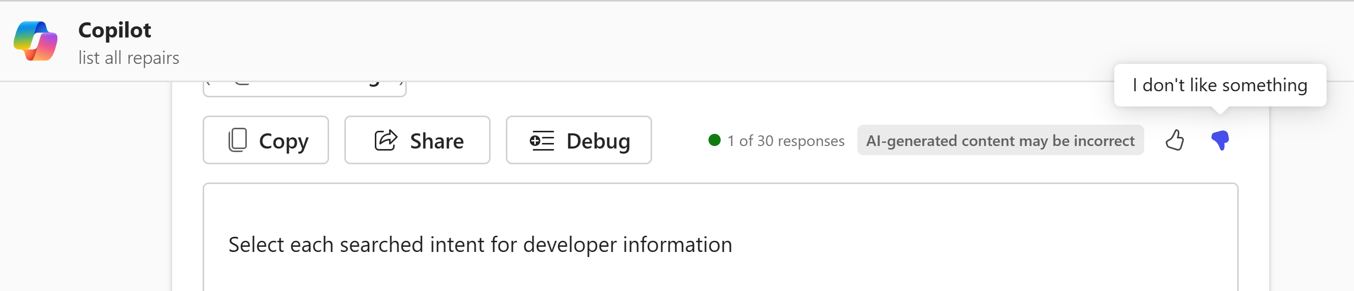 Screenshot of Microsoft 365 Copilot thumbs up or thumbs down feedback options