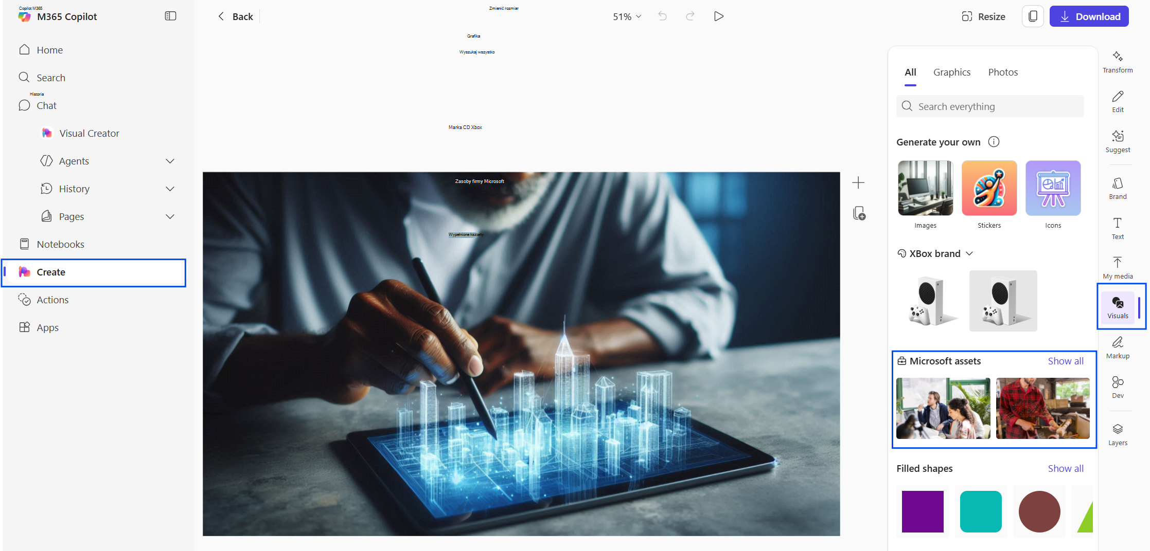 Zrzut ekranu przedstawiający kartę Microsoft 365 Copilot Utwórz z wygenerowanym obrazem.