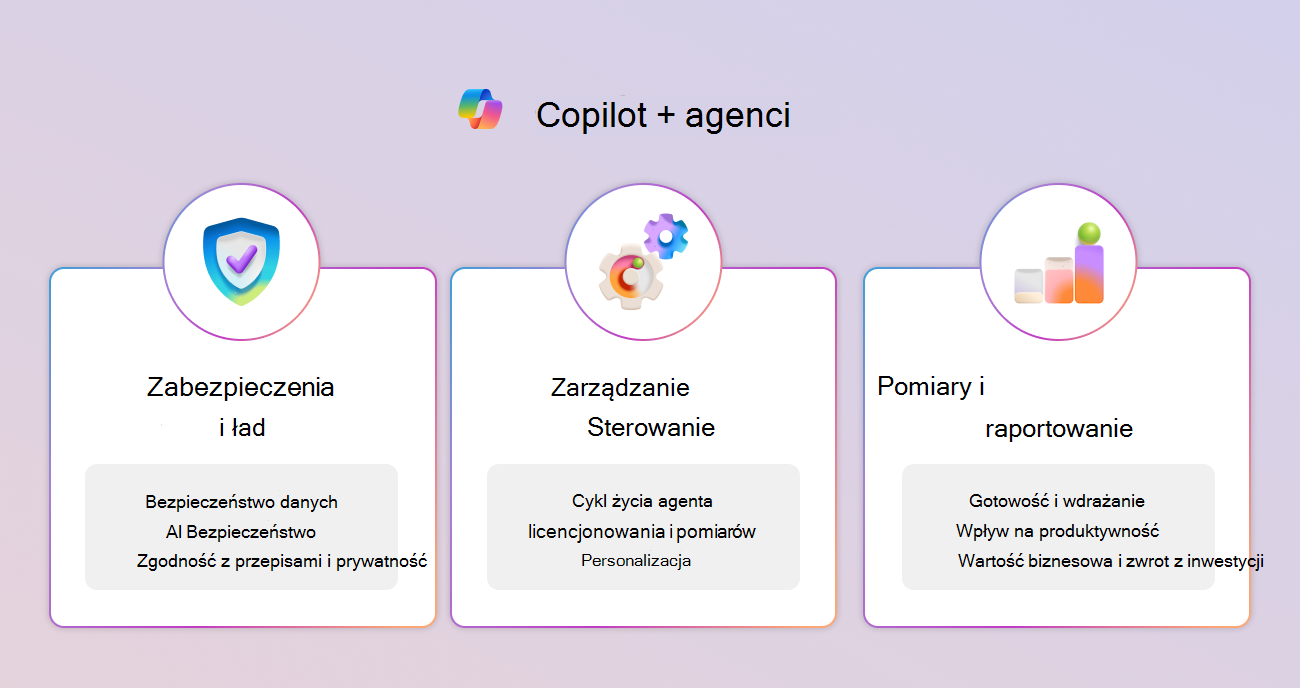 Diagram struktury kontrolek funkcji Copilot przedstawiający trzy filary i kluczowe możliwości.