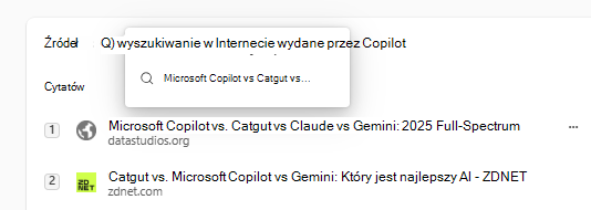 Zrzut ekranu przedstawiający cytaty zapytań wyszukiwania w Internecie w Microsoft 365 Copilot.