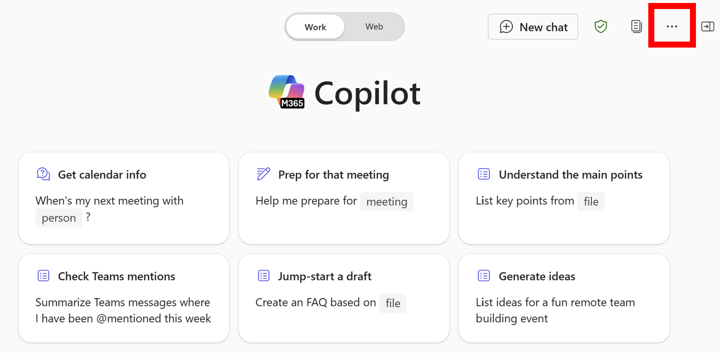 Zrzut ekranu przedstawiający kartę Praca w Microsoft 365 Copilot. Opcja menu w prawym górnym rogu jest wyróżniona czerwonym polem.