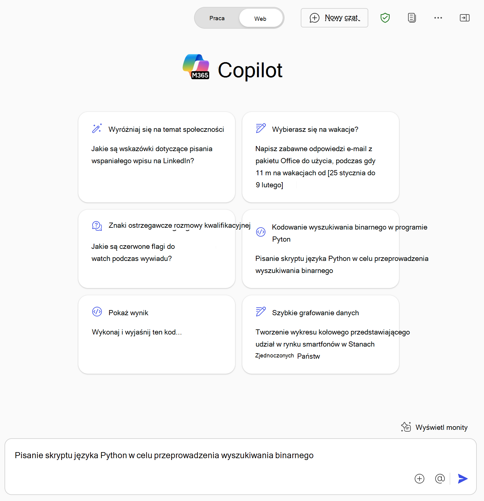 Zrzut ekranu przedstawiający Microsoft 365 Copilot i przykładowe monity, które pobierają informacje z Internetu za pomocą czatu internetowego.