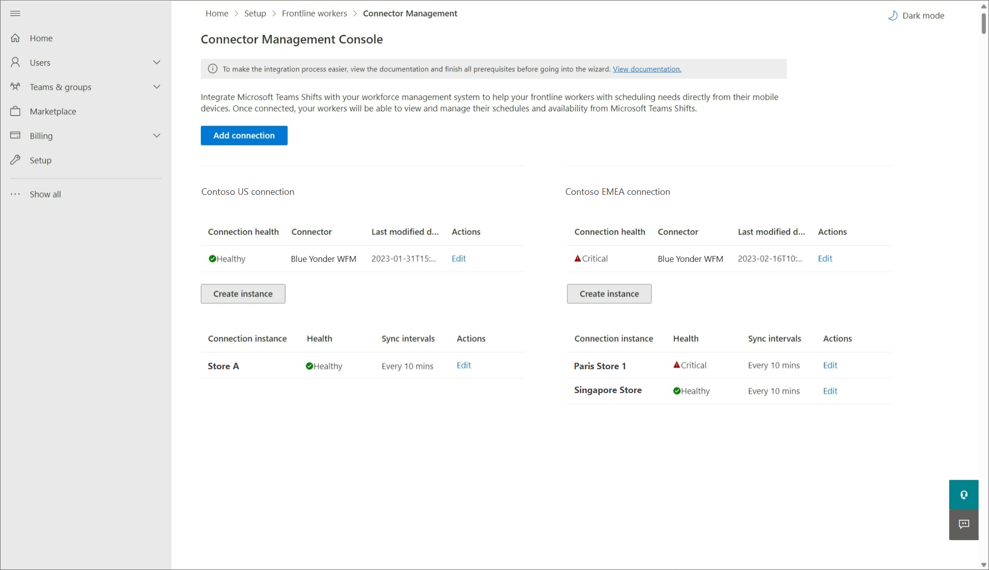 Zrzut ekranu przedstawiający stronę Zarządzanie łącznikami w Centrum administracyjne platformy Microsoft 365 z listą połączeń.