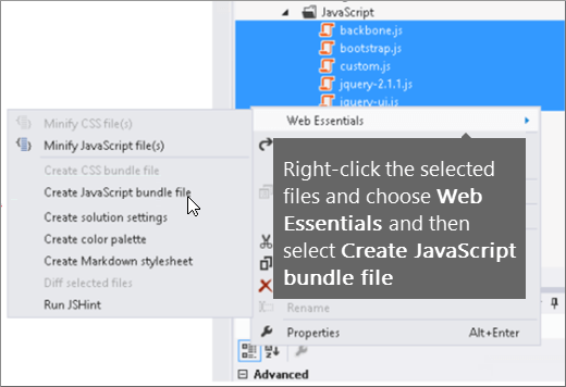 Zrzut ekranu przedstawiający opcje menu Web Essentials.