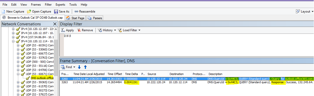 Ślad Netmon ładowania usługi Outlook Online filtrowany według systemu DNS i używając funkcji Znajdź konwersacje, a następnie systemu DNS, aby zawęzić wyniki.