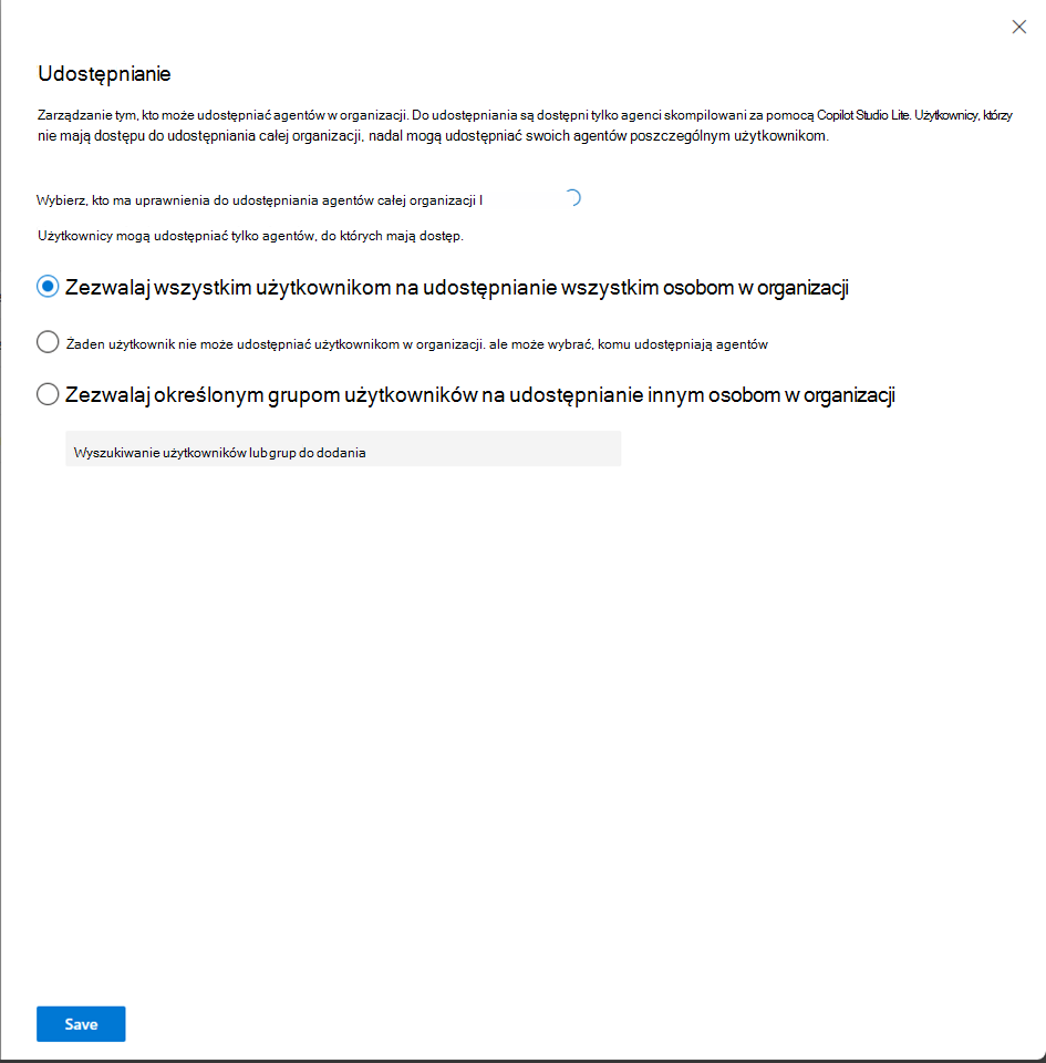 Zrzut ekranu przedstawiający ustawienia udostępnione.