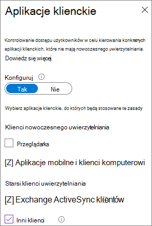 Zrzut ekranu przedstawiający Microsoft Entra ustawienia aplikacji klienckich dostępu warunkowego.
