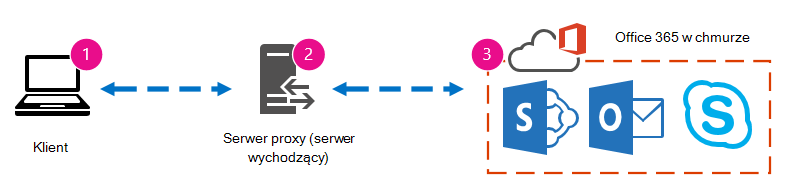 Podstawowa grafika sieciowa przedstawiająca klienta, serwer proxy i chmurę Office 365.