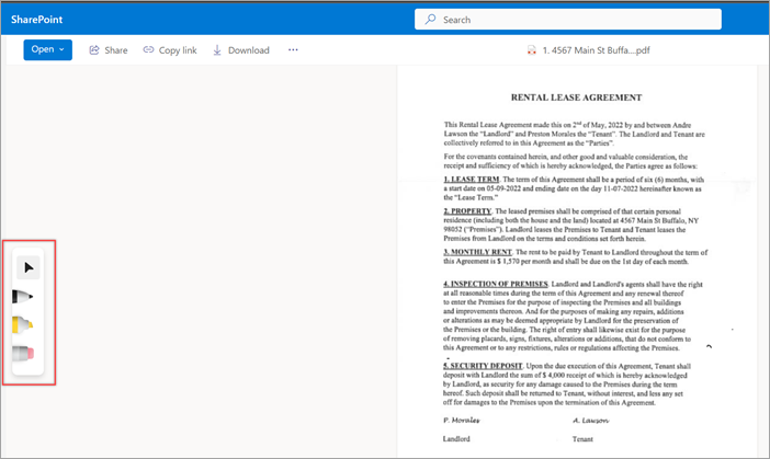 Zrzut ekranu przedstawiający przeglądarkę dokumentów pokazującą wyróżnione narzędzia adnotacji.