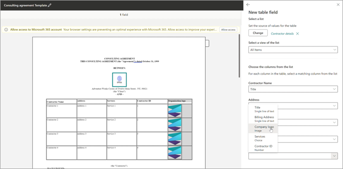 Zrzut ekranu przedstawiający przeglądarkę szablonów pokazującą sposób mapowania wszystkich kolumn tabeli za pomocą kolumn listy.