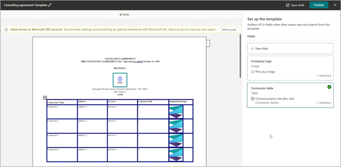 Zrzut ekranu przedstawiający przeglądarkę szablonów z zaznaczeniem tabeli w panelu Nowe pole.