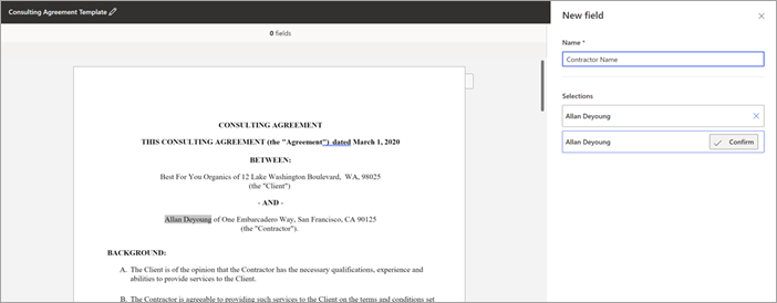 Zrzut ekranu przedstawiający dokument w przeglądarce szablonów z wyróżnionym polem.